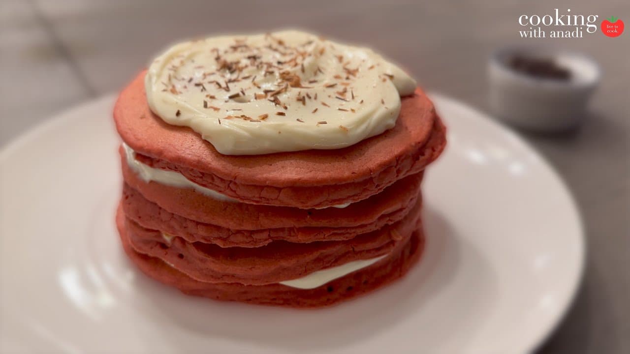 Thumbnail for Red Velvet Chocolate Chip Pancakes