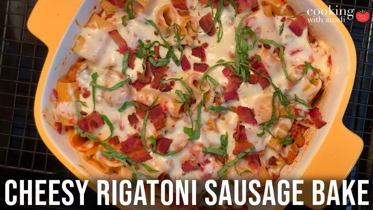Thumbnail for cheesy baked rigatoni with sausage
