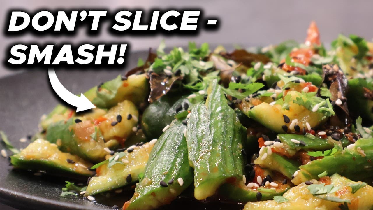 Thumbnail for Smashed Cucumber Salad with a Tadka Twist (10 Minutes, No Cook)