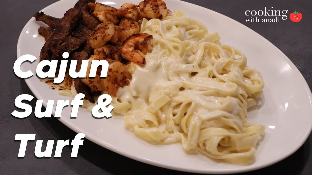 Thumbnail for Cajun Steak and Shrimp Alfredo Pasta