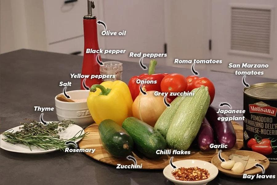 Labeled ratatouille ingredients on a wooden board: zucchini, eggplant, peppers, tomatoes, onion, herbs, garlic, and spices.