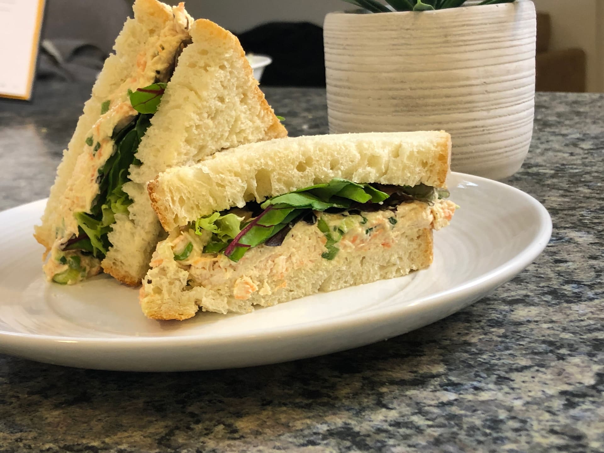 Chicken salad sandwich on white bread with fresh greens and cucumber slices on a white plate.