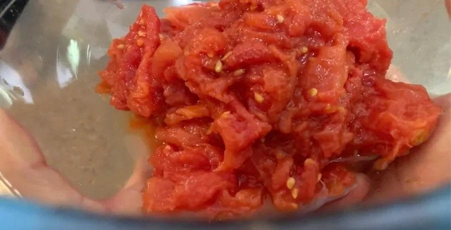 Separated San Marzano tomato pulp in a bowl with seeds and pulp visible for pizza sauce preparation.