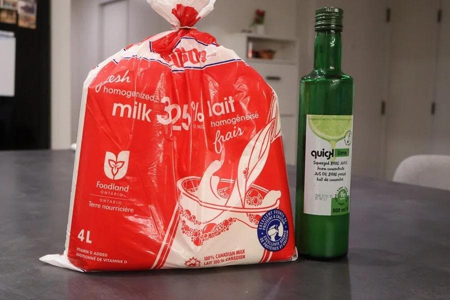 Two ingredients for homemade paneer: a 4L jug of 2% milk and a bottle of lime juice curdling agent.