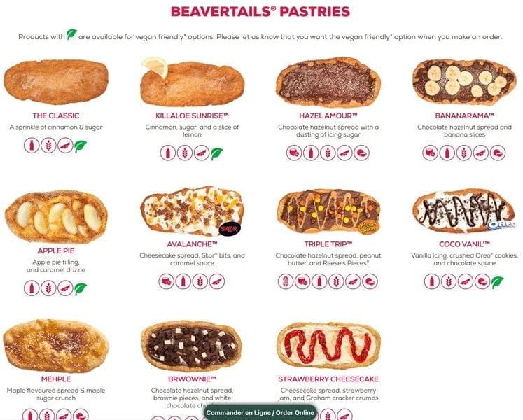 Beavertails Pastries menu showing 12 fried pastry options with various toppings including cinnamon sugar, chocolate hazelnut, banana, and cheesecake.