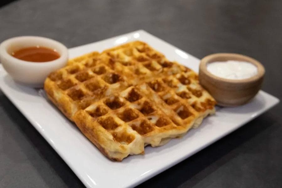 Crispy golden waffle on white plate with bowls of syrup and whipped cream for serving