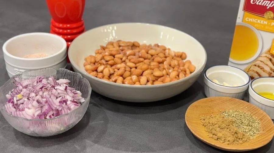 Ingredients for homemade refried beans: cooked chickpeas, diced red onions, spices, olive oil, and seasonings on gray surface.
