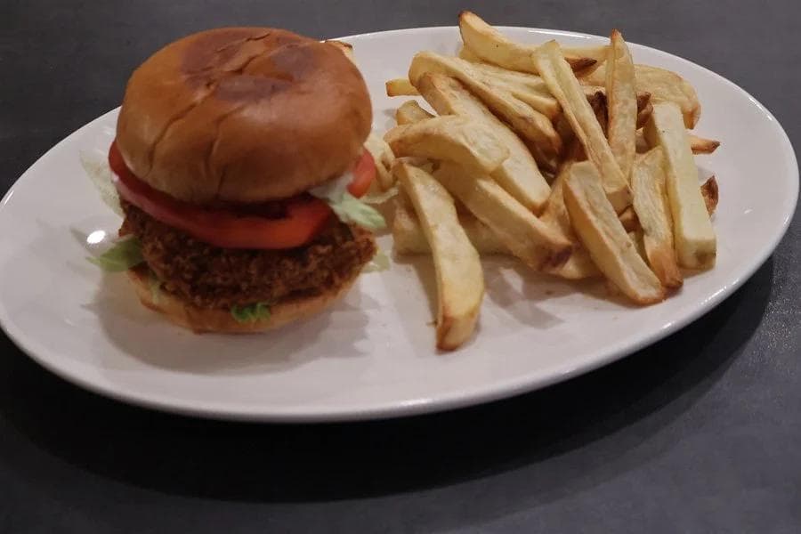 Paneer burger with tomato and lettuce on a toasted bun, served with crispy French fries on a white plate.