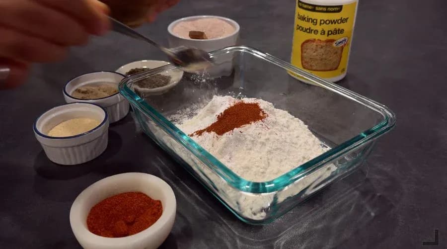 Dry ingredients being added to a glass baking dish: flour, paprika, and spices, with small ramekins of seasonings nearby.