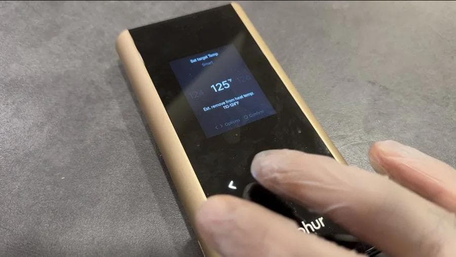 Hand holding meat thermometer displaying 125°F internal temperature of salmon fillet.