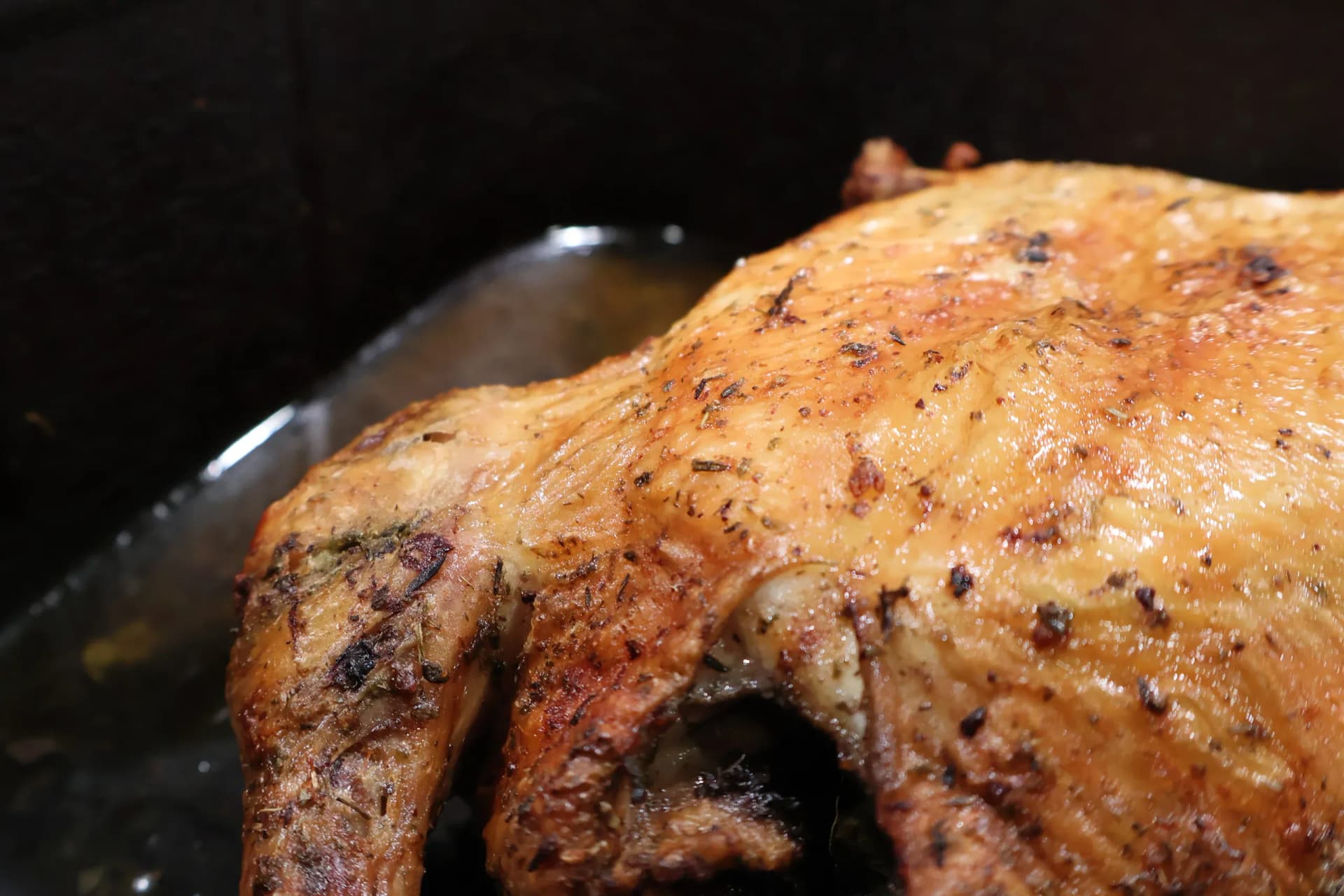 Close-up of the crisp, herb-flecked golden skin across the breast of the finished air fryer chicken.