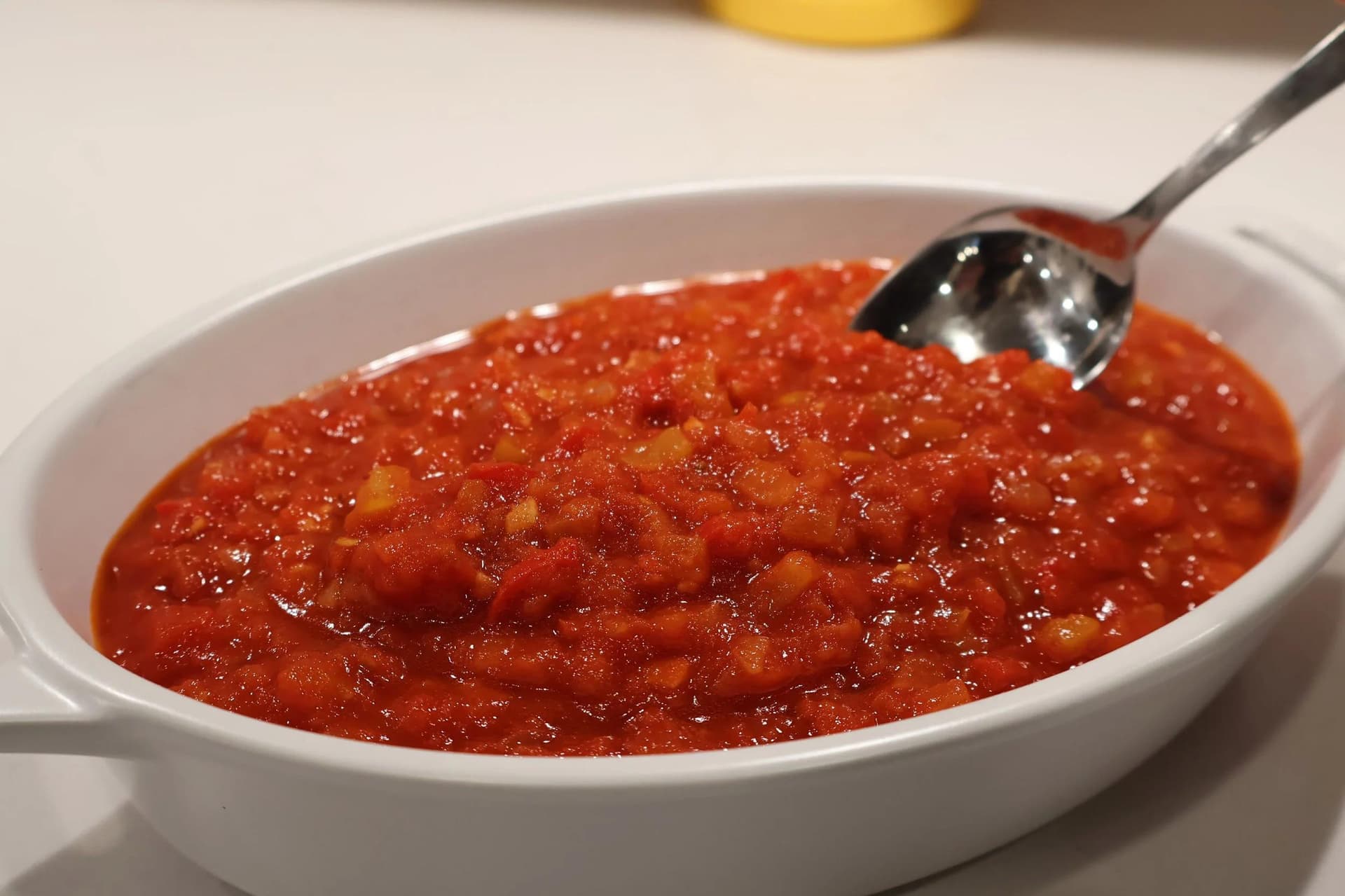 White oval dish filled with chunky red piperade sauce, with a silver spoon resting inside, ready for storage.