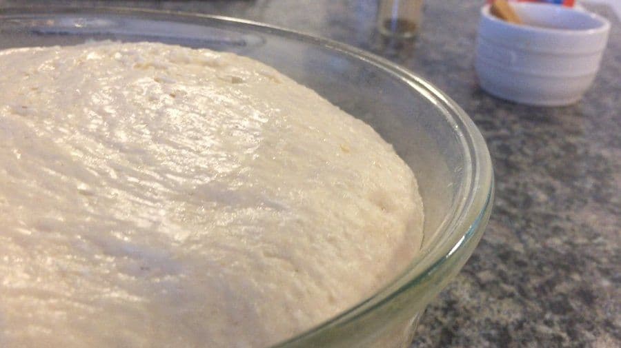 Smooth, soft naan dough resting in a greased glass bowl after 2 hours of rising.