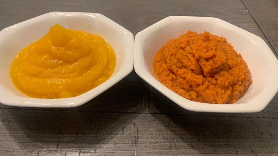 Two bowls of pumpkin puree side by side, one smooth and golden, the other textured and bright orange.