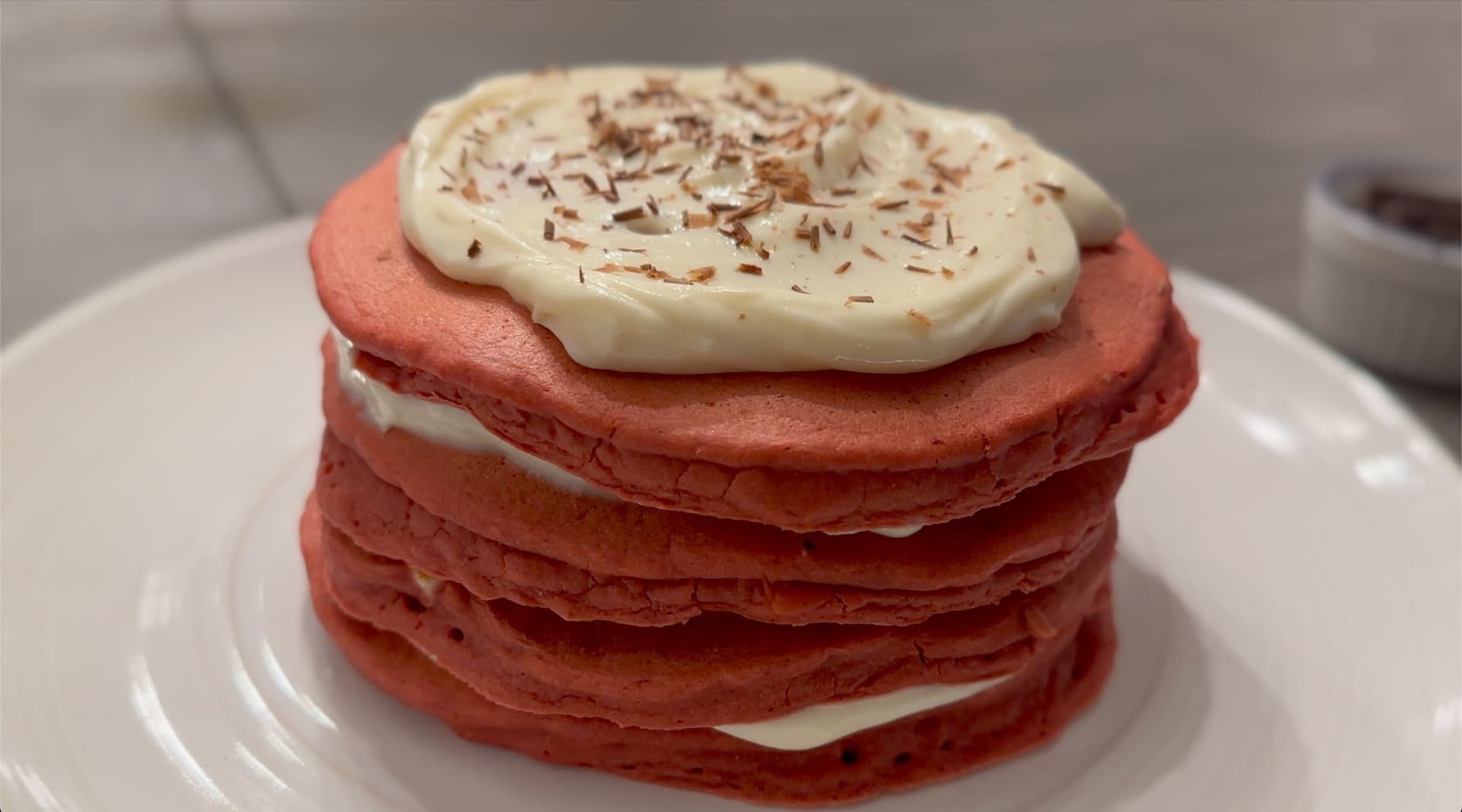 Red Velvet Chocolate Chip Pancakes with Cream Cheese Glaze