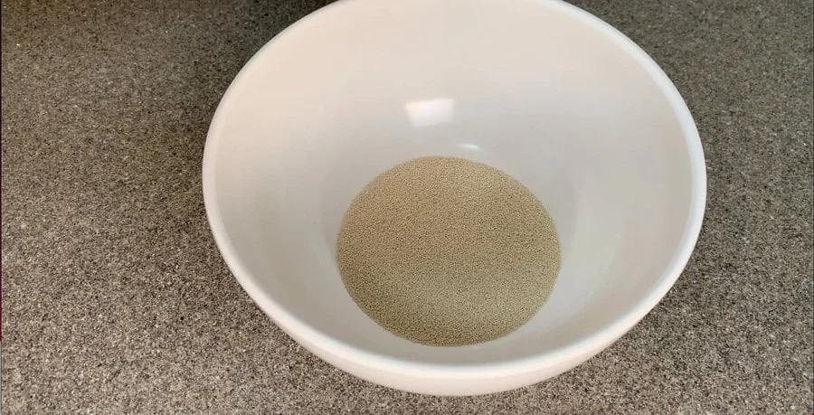 Active yeast mixture in lukewarm water showing bubbly foam in a white bowl