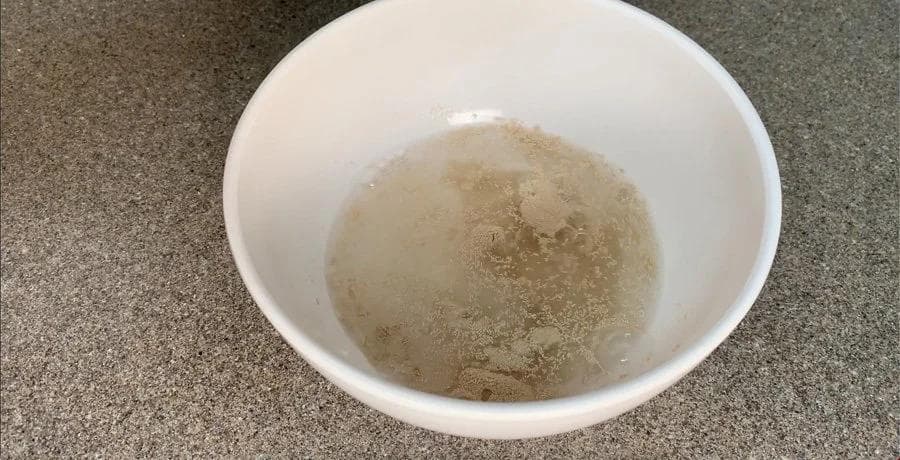 Yeast dissolved in lukewarm water in a white bowl, appearing bubbly and frothy.