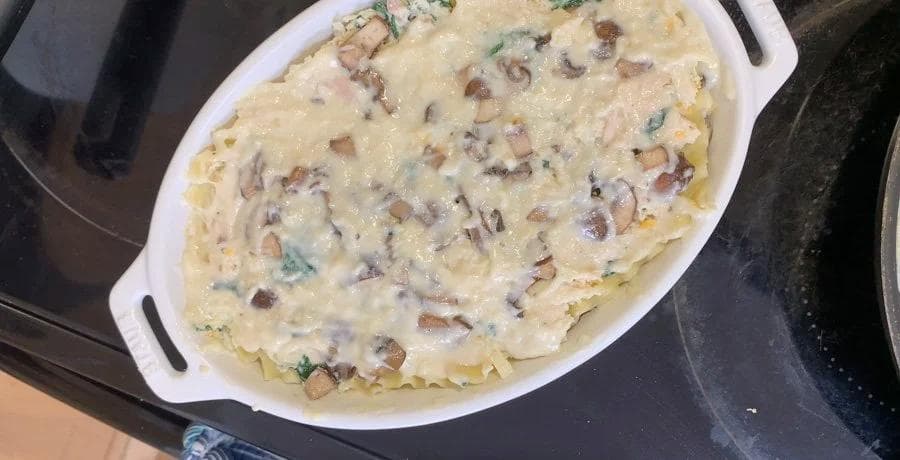 Unbaked creamy white sauce chicken lasagna with cheese and herbs in a white baking dish, ready for the oven.