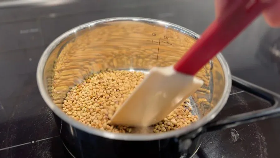 Toasting coriander seeds in a pan with a wooden spatula, showing golden-brown seeds partially stirred.