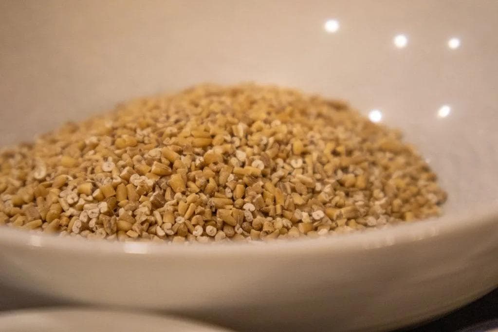 Steel-cut oats piled in a white bowl, showing their coarse, granular texture and golden-brown color.