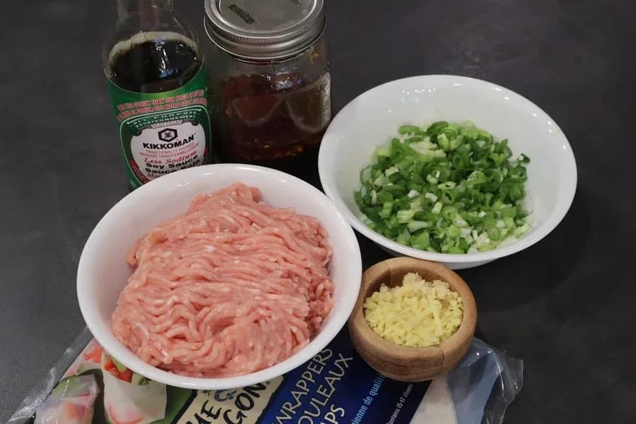 Ingredients for air fryer rice paper dumplings: ground chicken, chopped green onions, minced garlic, Kikkoman sauce, and a jar of sauce.