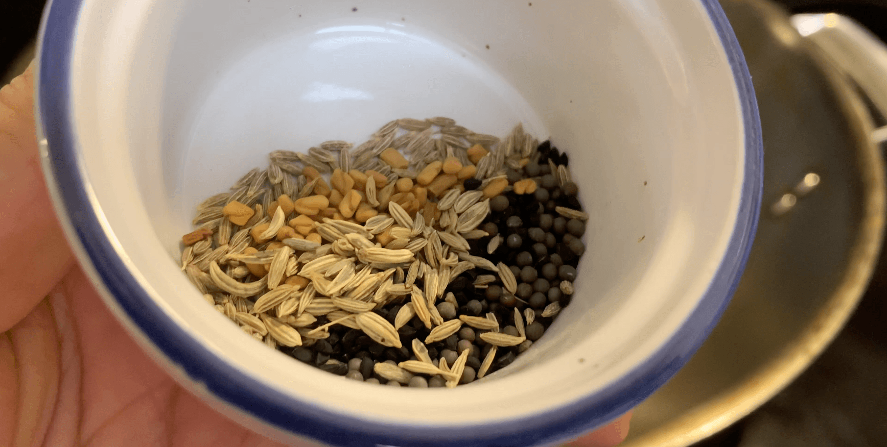 Panch phoron spice blend in white bowl: fennel seeds, fenugreek seeds, mustard seeds, cumin, and nigella seeds.