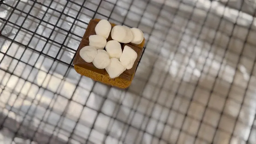 Roasted marshmallows on top of chocolate and graham cracker base on baking sheet.