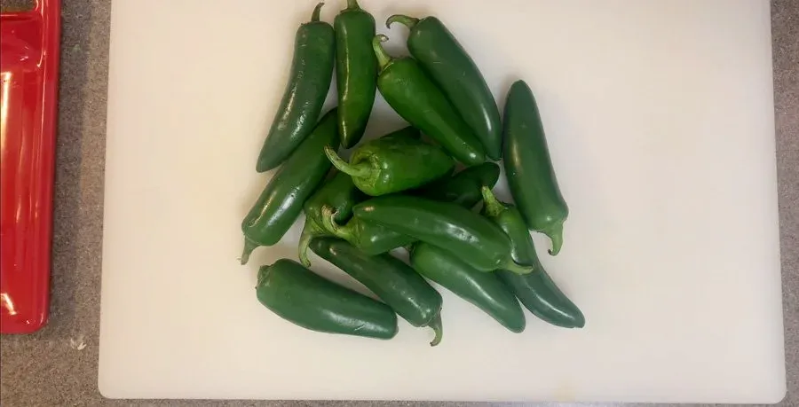 Whole fresh green jalapeños arranged on a white cutting board next to a red knife.